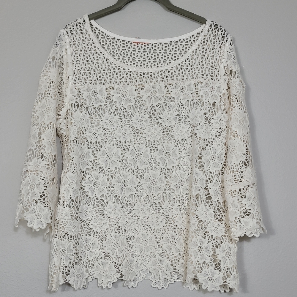 Vintage Lace Crochet Long Sleeve Top Size M/L Ivory Floral Boho Hippie Festival